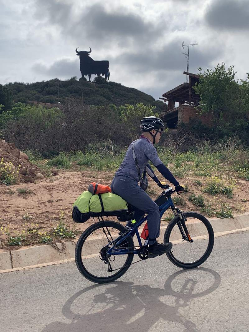 騎單車經過,山丘上立著黑色的公牛看板