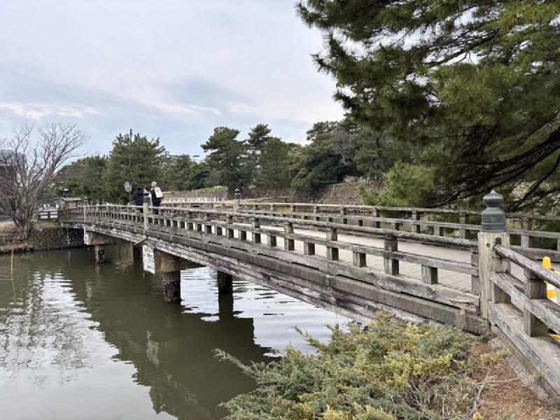 14:39,木造的橋橫過護城河,兩岸是松樹。