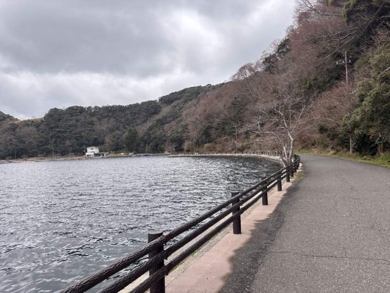 13:42,沿著湖岸的路,有護欄,後面是長著樹的山坡。