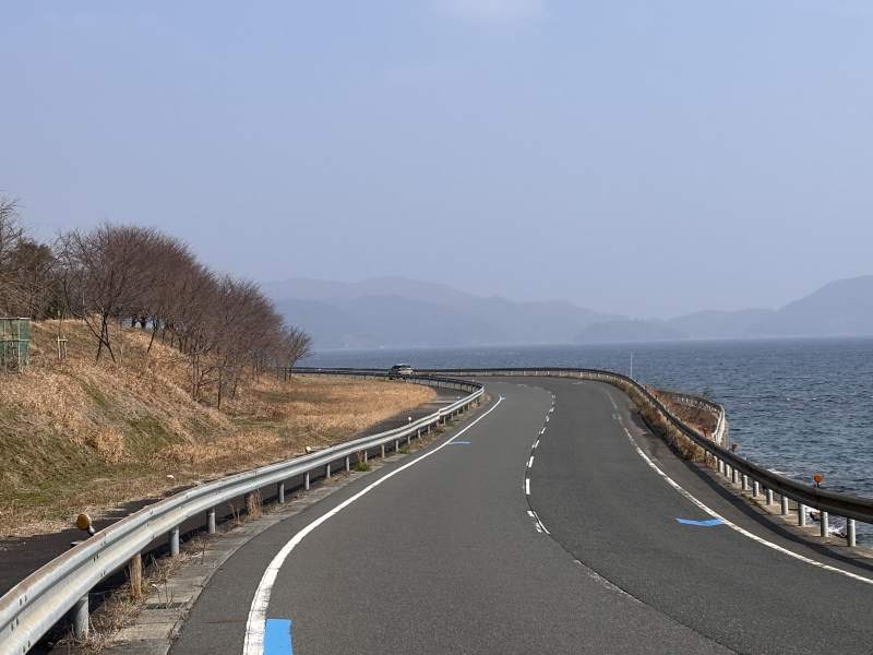 宮津灣邊往伊根的海岸公路,路面畫著藍色箭頭。