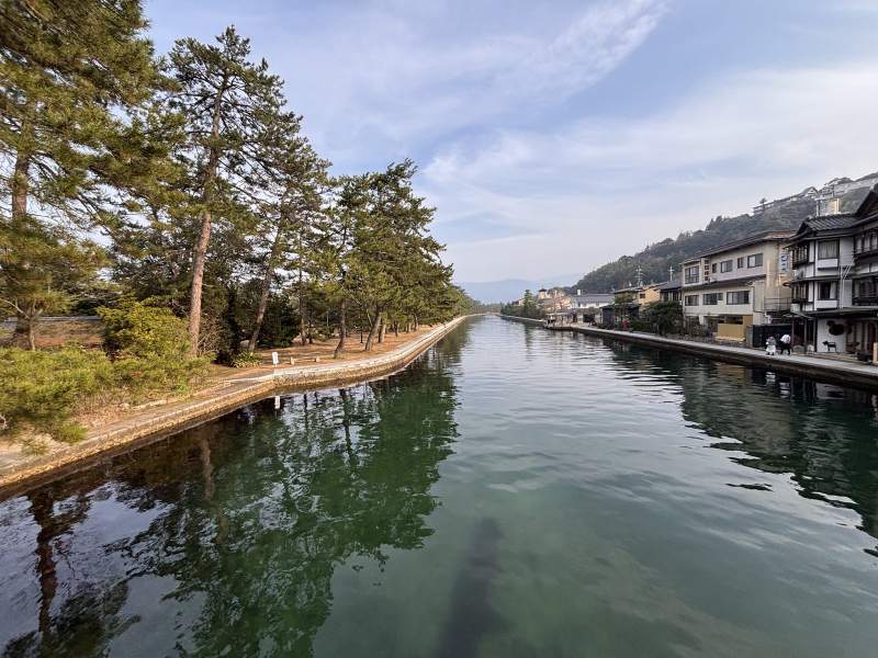 文殊這一側的運河,一邊松樹,一邊旅館。