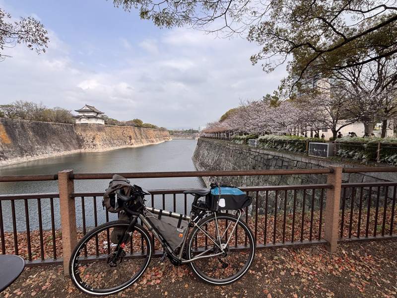 大阪城的護城河邊,右手邊岸上一排櫻花。第 3 站到這裡為止。