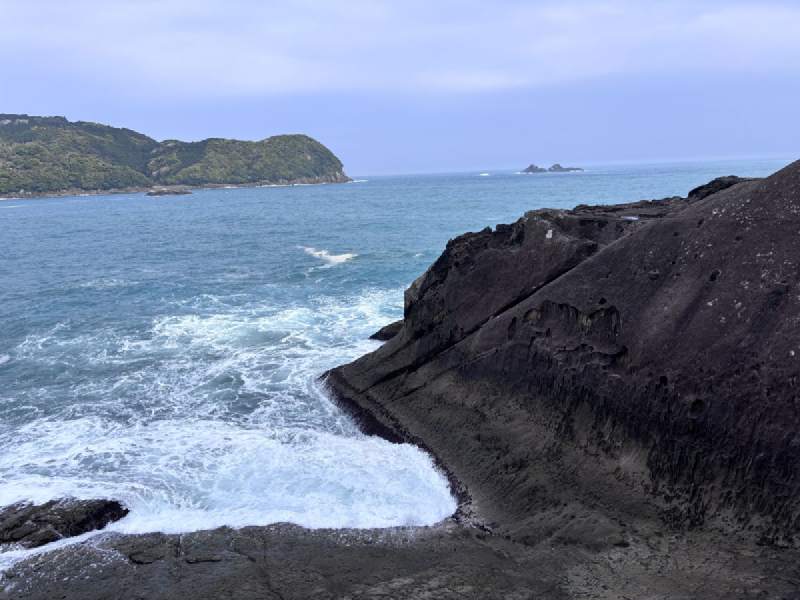 黑色的岩石伸進海裡,浪撞上來,碎成一片白。
