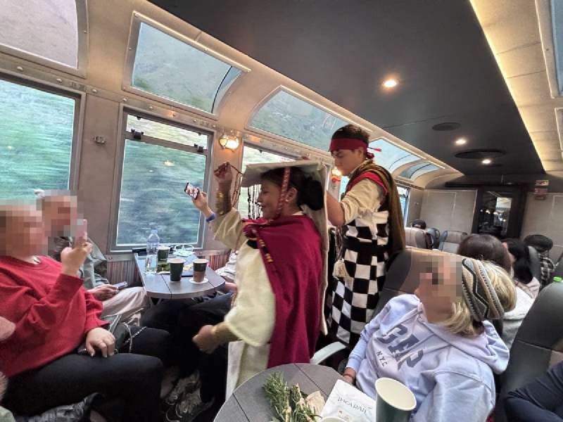 13:29,景觀車廂裡,穿紅色和黑白格子服裝的人在走道上,旅客拿著手機拍。